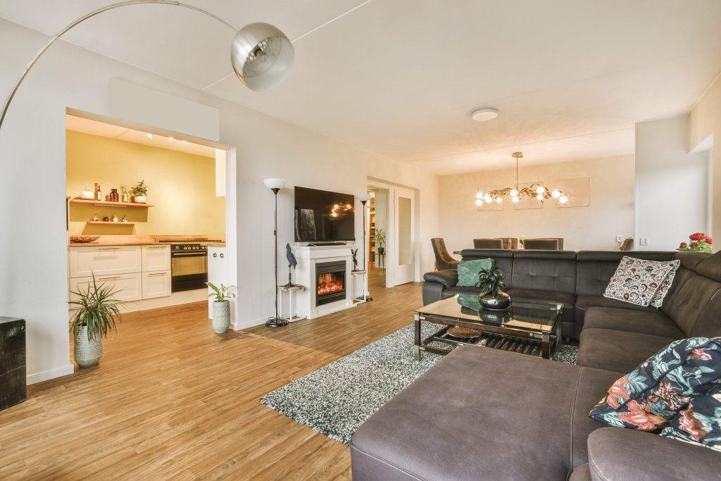 Spacious living room with open kitchen