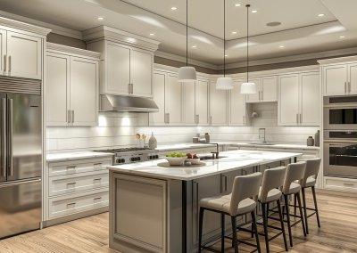 Modern kitchen with white cabinets and stainless steel appliances